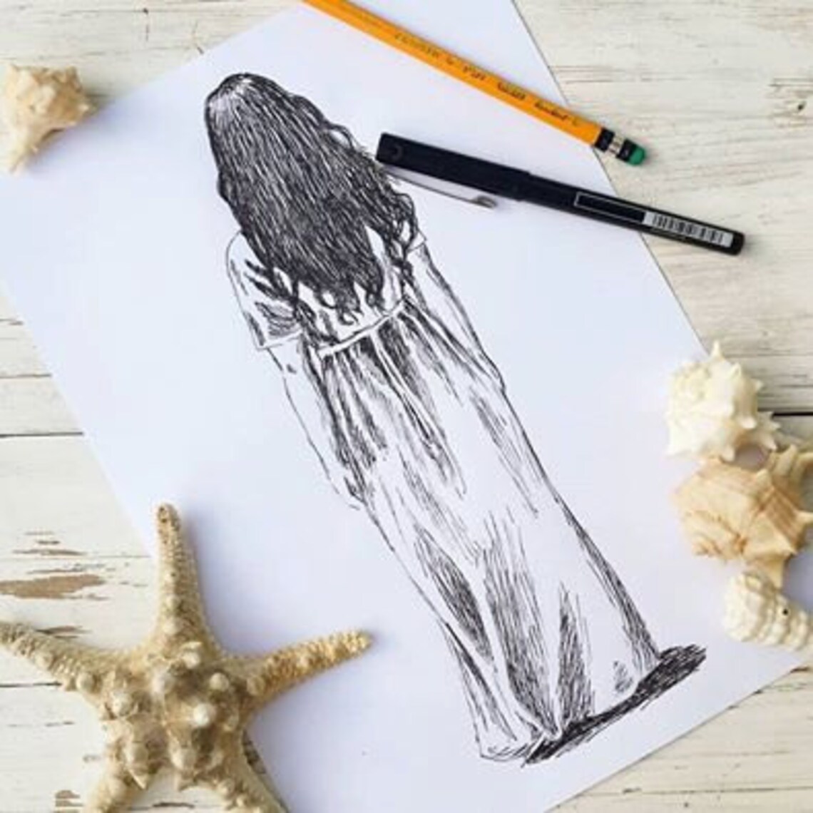 Woman in White Dress From Behind Ink Illustration Black and White Poster - Image 2