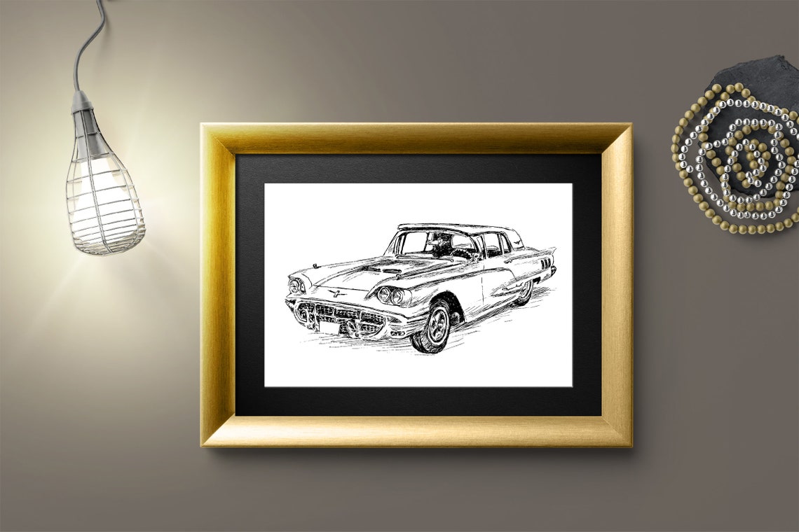 Ford Thunderbird Classic Car Ink Sketch Vintage Auto Line Print
