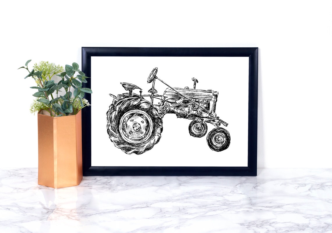 Vintage Farm Tractor Sketch Black White Rustic Farm Decor Poster