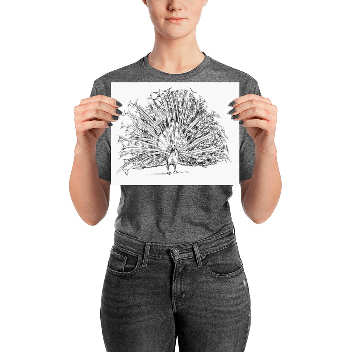 Peacock Black And White Sketch Feathers Fanned Ink Drawing Line Poster - Image 3
