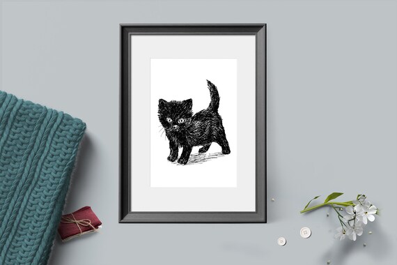 Black Kitten Ink Sketch Cute Cat Line Art Minimalist Animal Wall Art