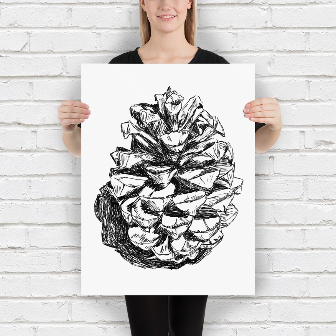 Pinecone Botanical Ink Sketch Black White Nature Line Art Print - Image 2