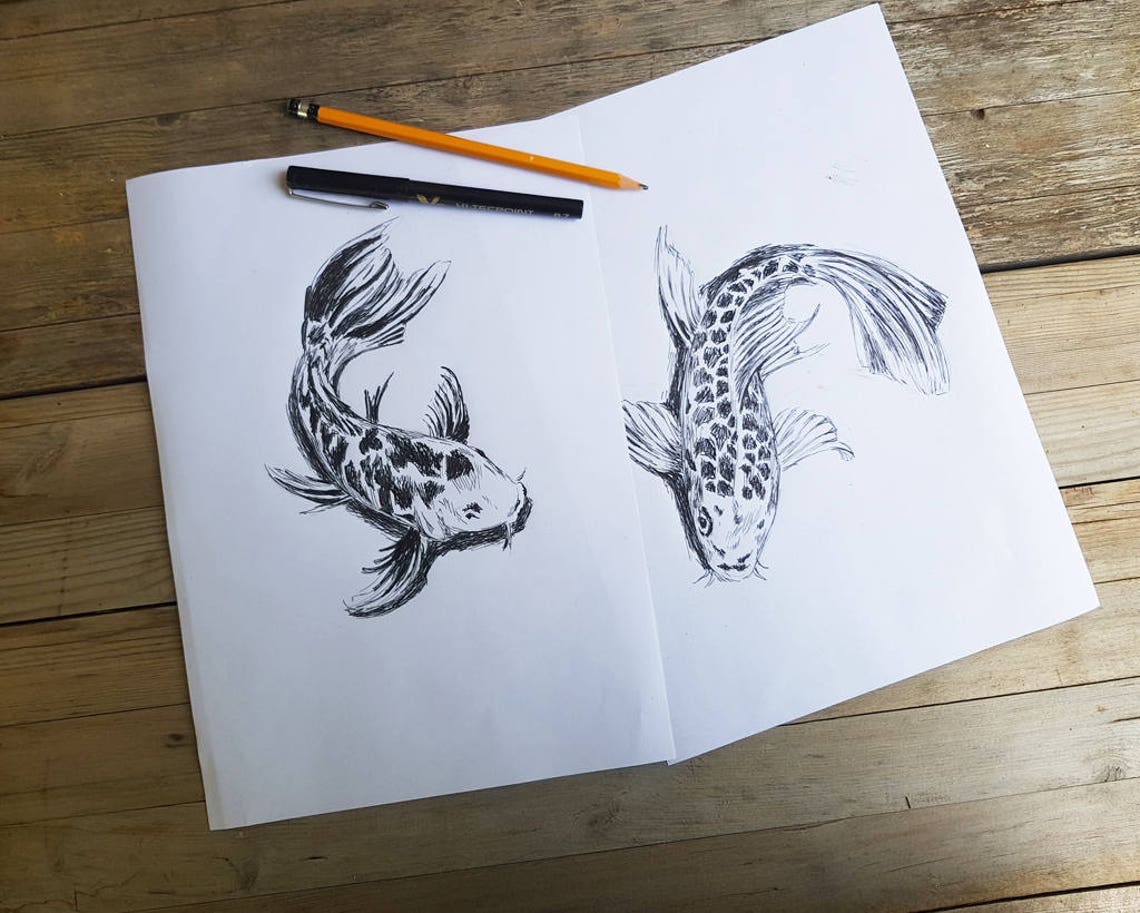 Koi Fish Ink Sketch Two Koi Swimming Japanese Style Art Poster - Image 2