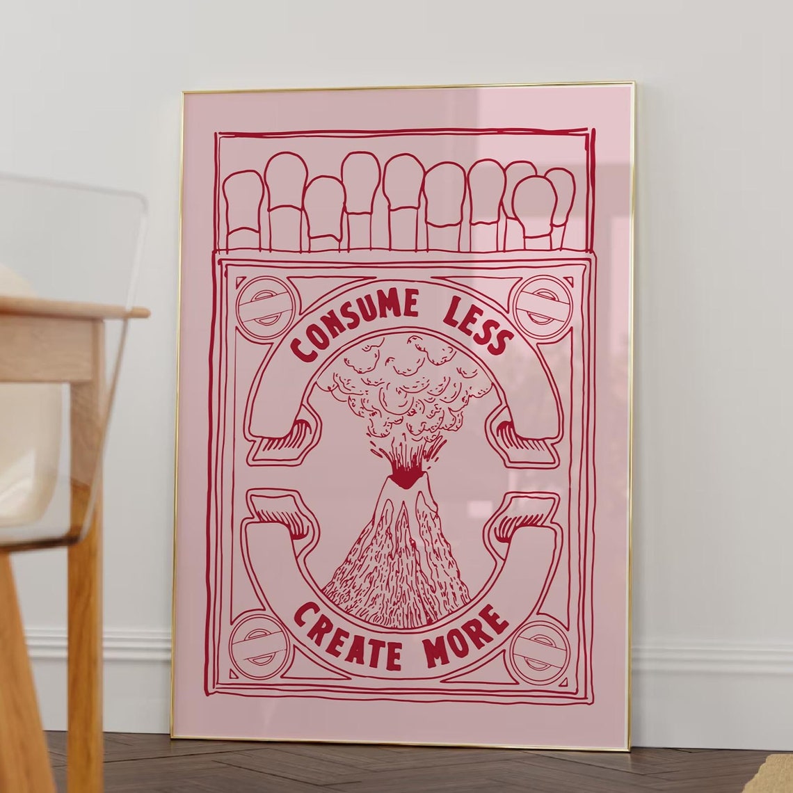 Consume Less Create More Retro Matchbox Volcano Red Line Art Print - Image 4