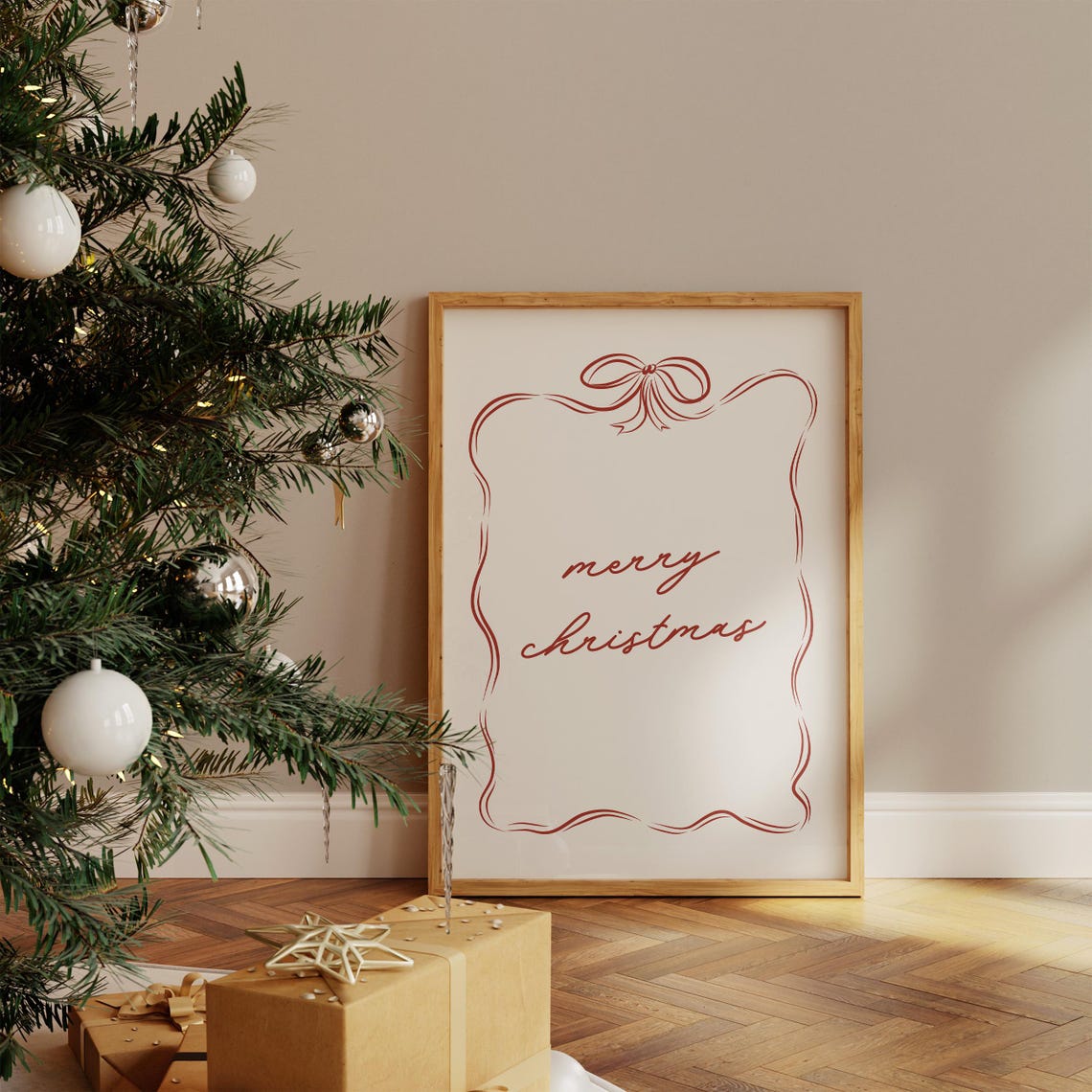 Merry Christmas Script Lettering with Red Ribbon Border Poster - Image 3
