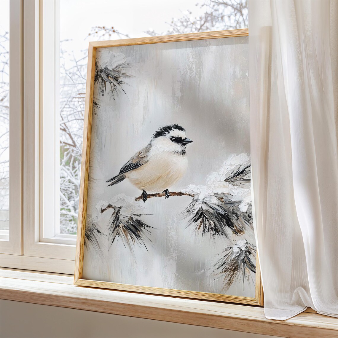 Chickadee on Snowy Branch Winter Bird Oil Painting Style Poster - Image 4