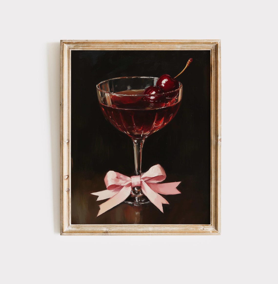 Manhattan Cocktail Cherries Pink Bow Dark Moody Bar Art Poster