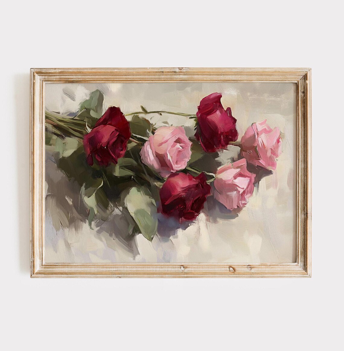 Red Pink Roses Oil Painting Romantic Floral Bouquet Art Poster