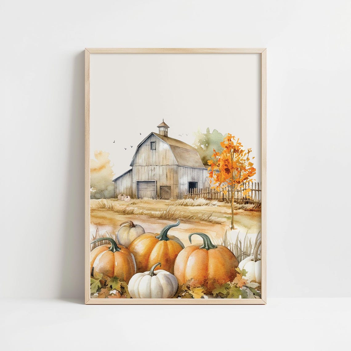White Barn Pumpkins Autumn Watercolor Rustic Farmhouse Art Poster - Image 3