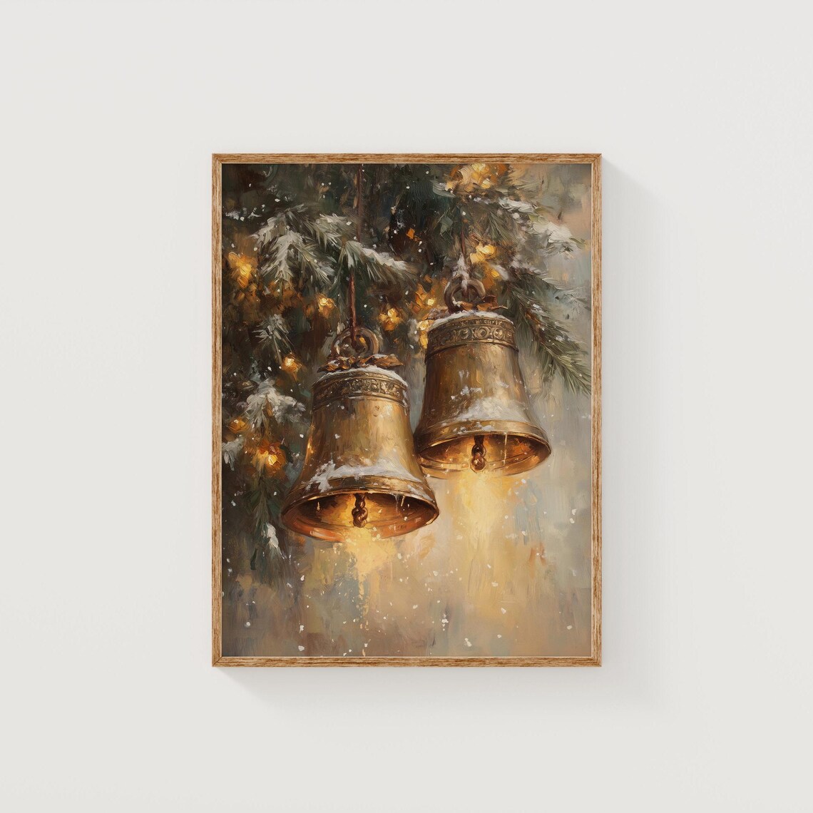 Bronze Christmas Bells on Snowy Pine Branches Moody Winter Poster - Image 5
