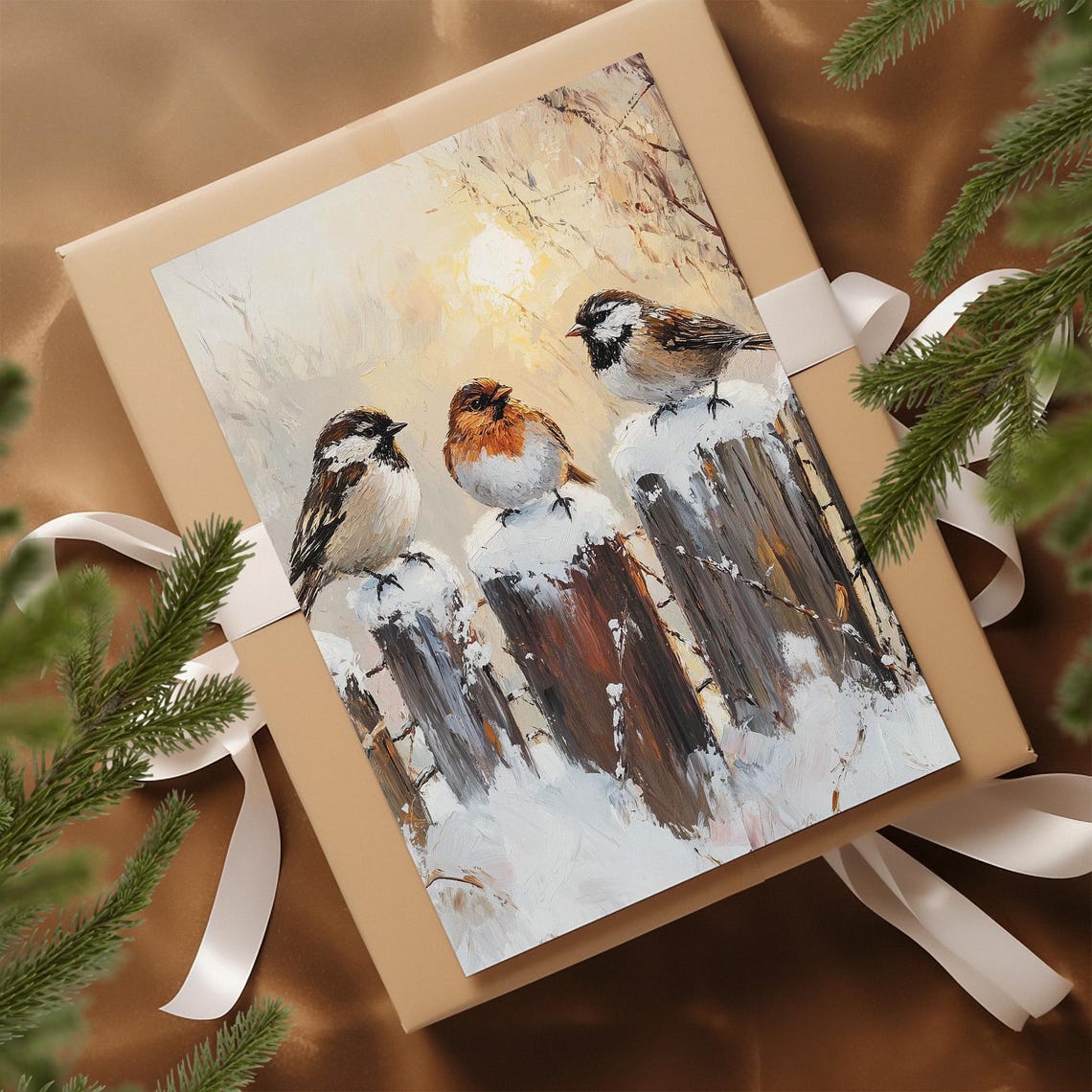 Three Winter Birds on Snowy Fence Posts Golden Light Bird Poster - Image 3