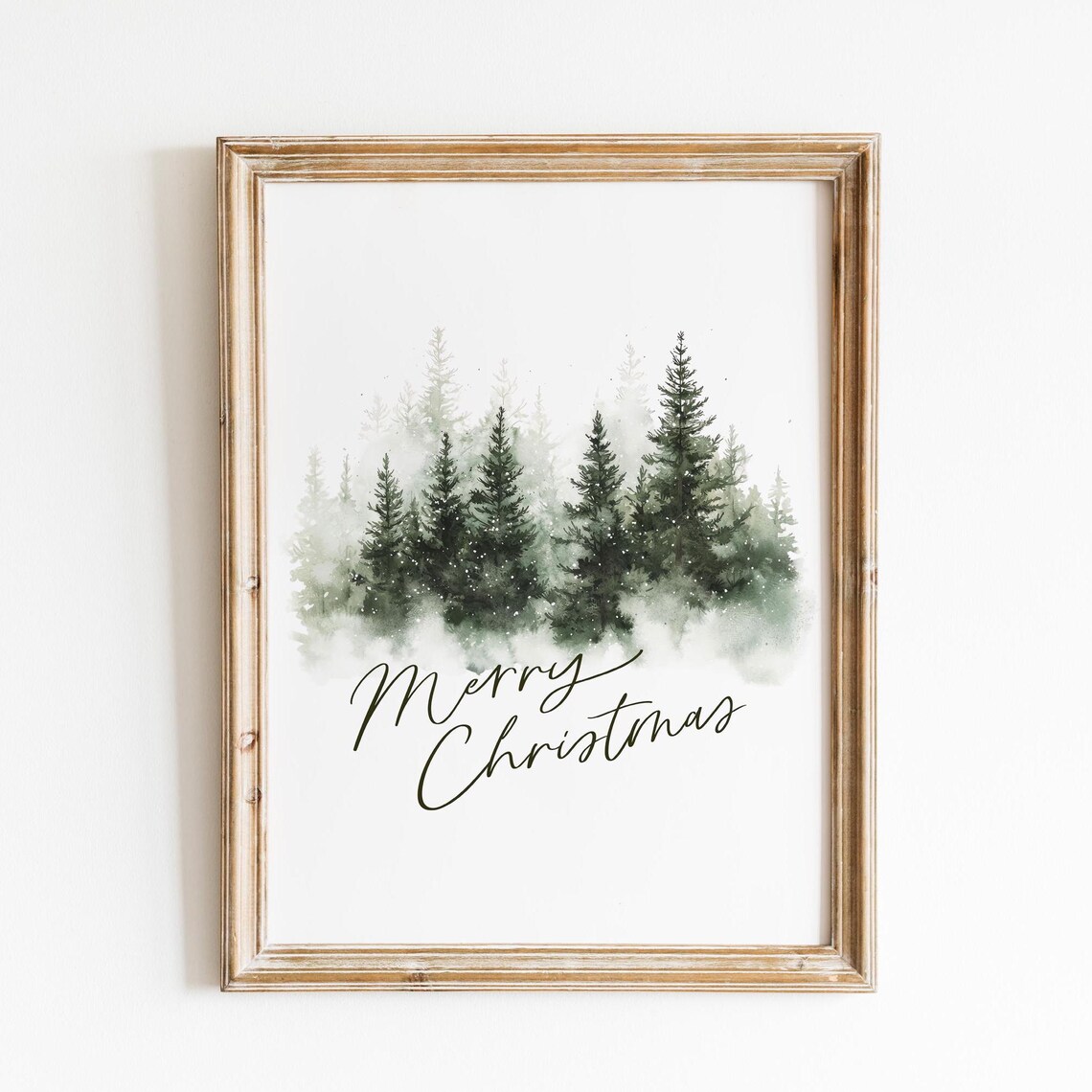 Misty Pine Forest Merry Christmas Watercolor Minimalist Poster
