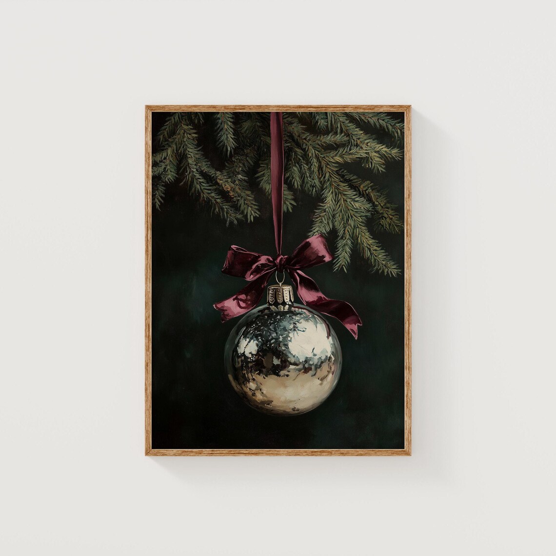 Vintage Silver Christmas Ornament Burgundy Bow Moody Art Poster - Image 4