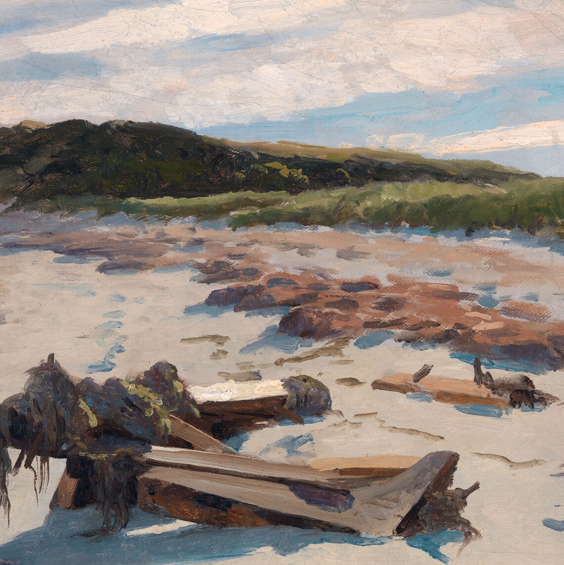 Quiet Sandy Beach Driftwood Dunes Calm Sea Vintage Coastal Painting Poster - Image 2