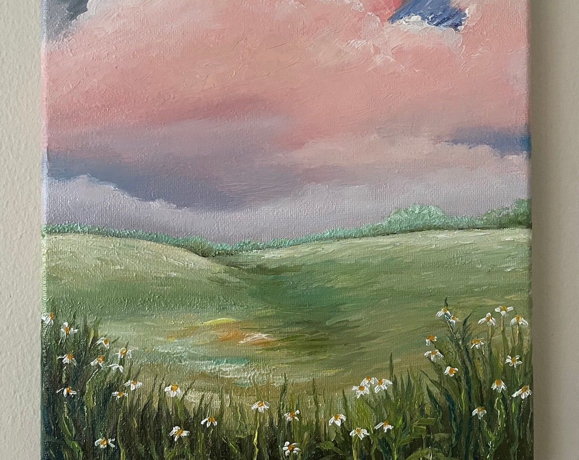 Daisy Meadow Pink Sky Rolling Hills Landscape Oil Painting Wall Art