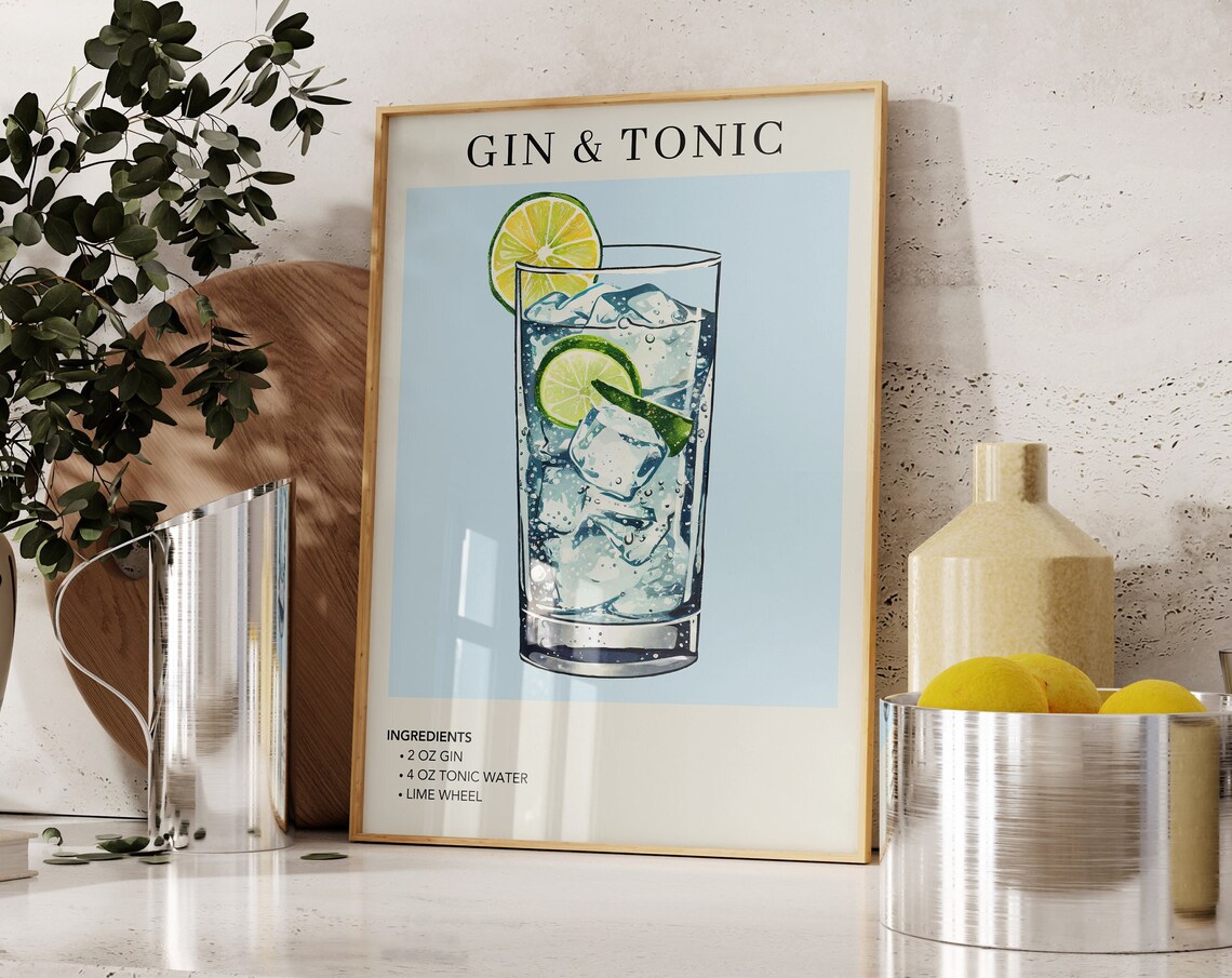 Gin Tonic Retro Drink Art Print, Bar Cart Decor