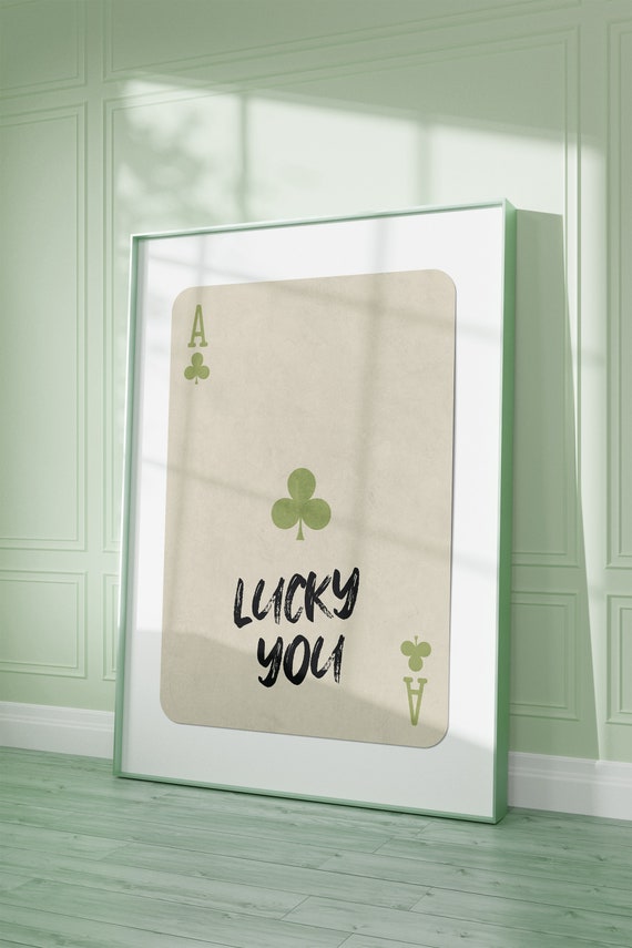 Lucky You Print Retro Ace Of Clubs Wall Art Green Beige Playing Card Poster Aesthetic Ace Card Artwork Preppy Bar Cart Decor