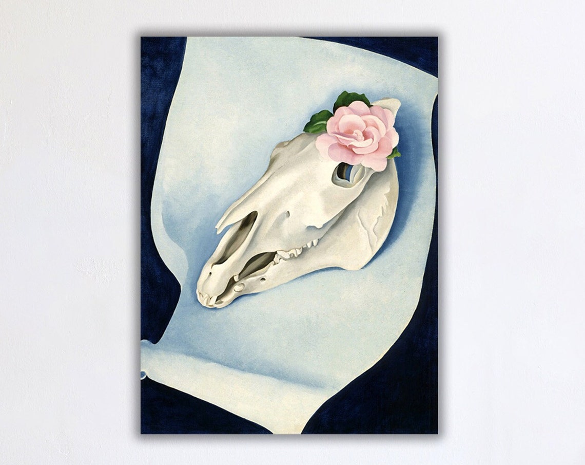 Georgia Okeeffe Horse Skull With Pink Rose Art Print Canvas Or Poster