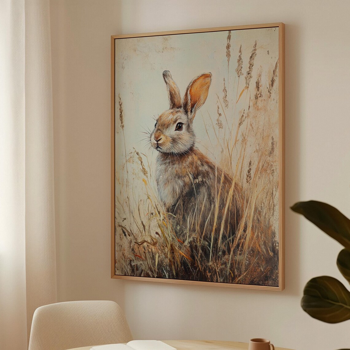 Brown Rabbit in Golden Wheat Grass Rustic Wildlife Portrait Wall Art