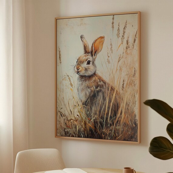 Brown Rabbit in Golden Wheat Grass Rustic Wildlife Portrait Wall Art