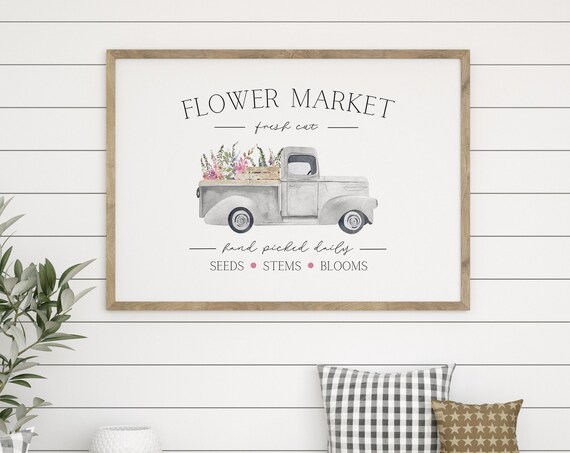 Flower Market Fresh Cut Vintage Truck Watercolor Farmhouse Art Print