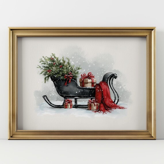 Vintage Christmas Sleigh Gifts Snow Watercolor Holiday Art Print