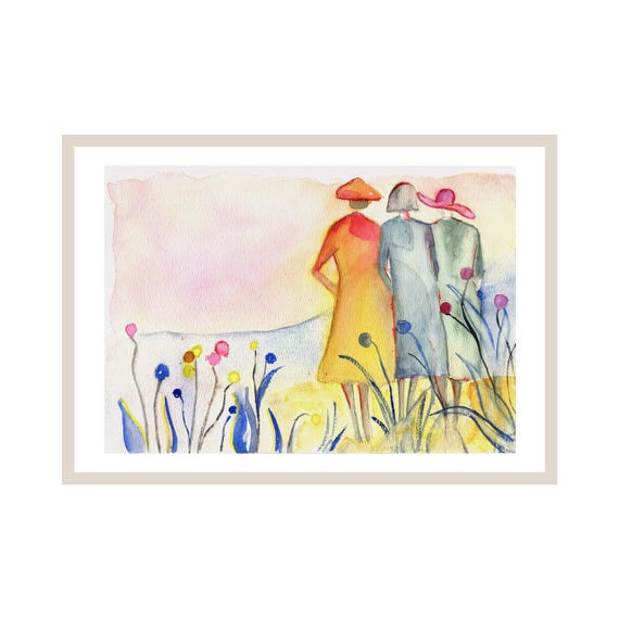 Three Women At Sunset Watercolor Print Feminine Wall Art