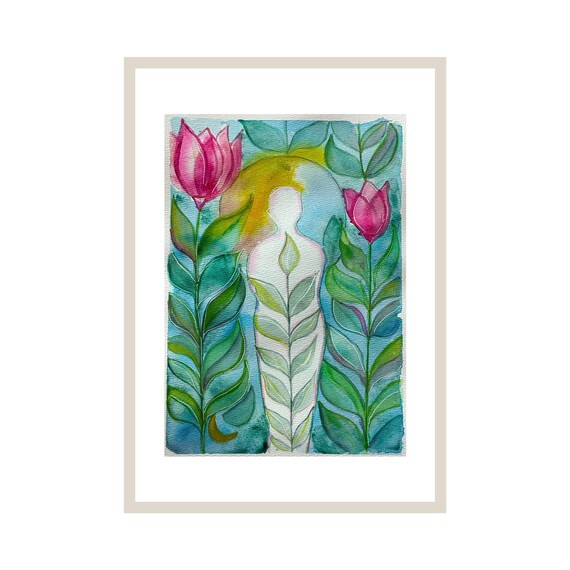 Spiritual Awakening Watercolor Figure In Botanical Leaves Art Poster