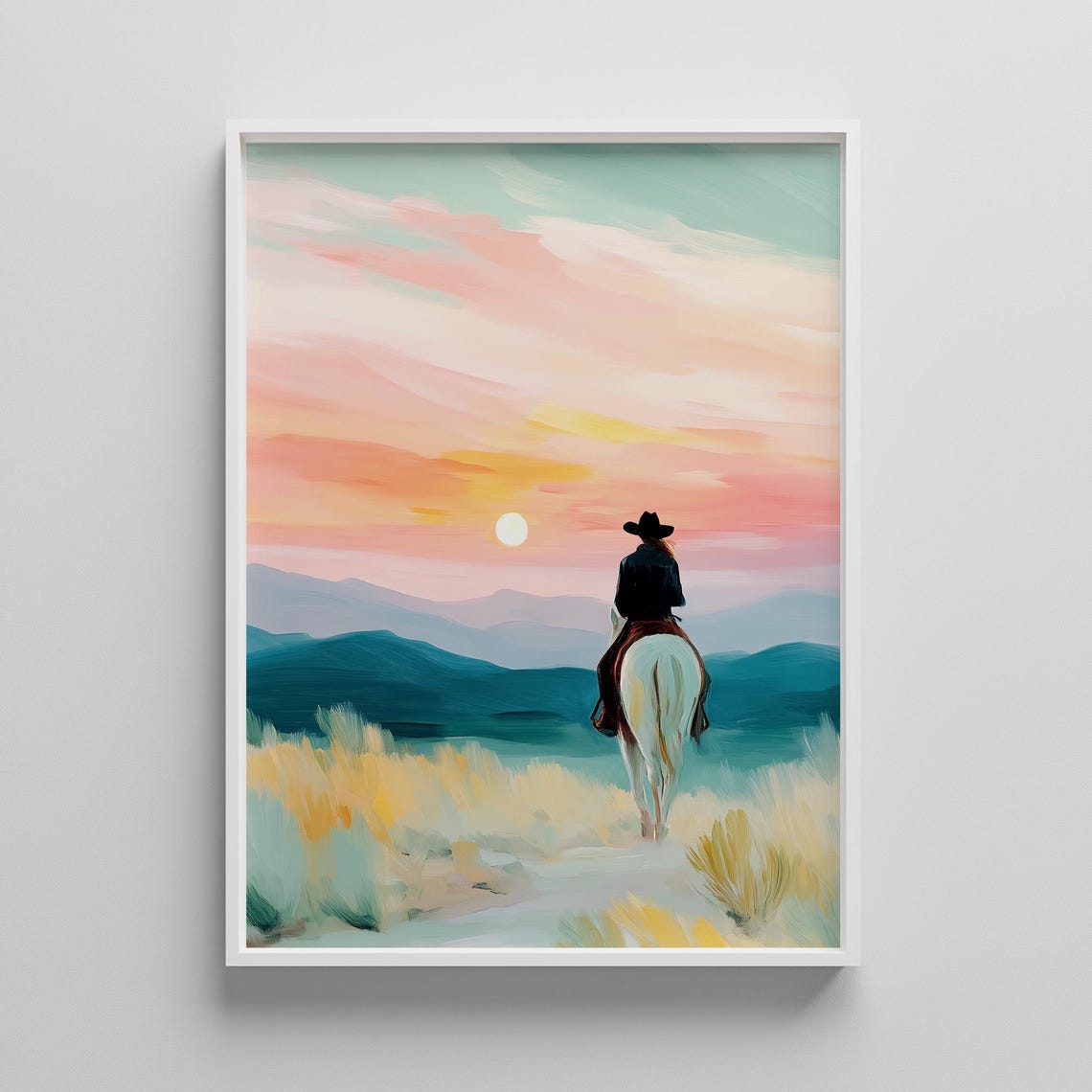 Lone Cowboy on White Horse at Sunset Western Landscape Poster