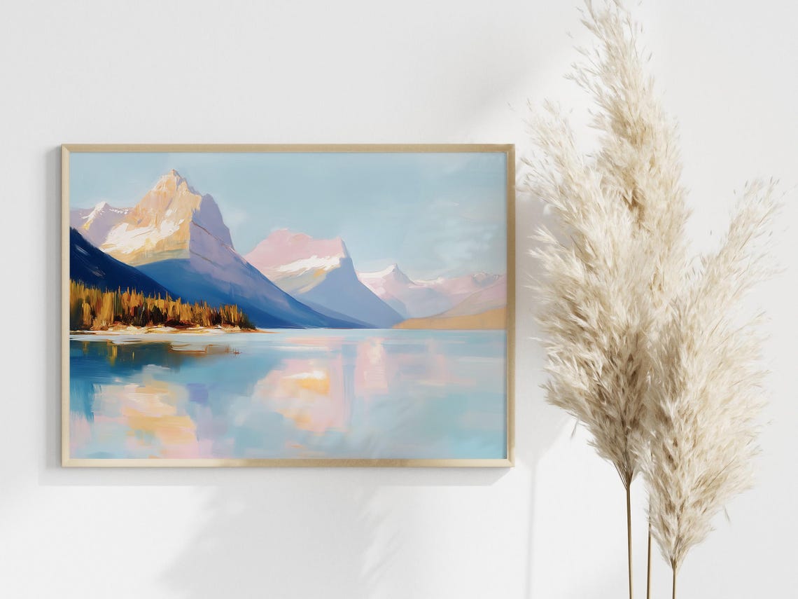 Pastel Mountain Lake Sunrise Print Serene Landscape Art