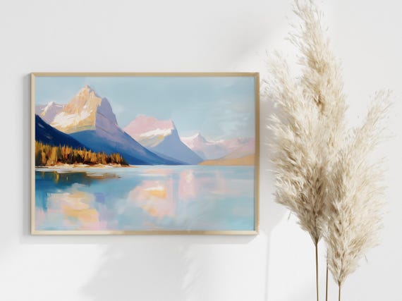 Pastel Mountain Lake Sunrise Print Serene Landscape Art