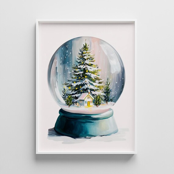 Pastel Christmas Snow Globe Tree And House Winter Scene Poster