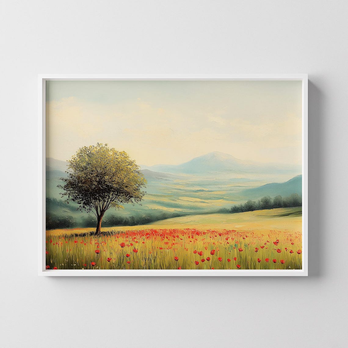 Red Poppy Meadow Lone Tree Rolling Hills Countryside Landscape Poster