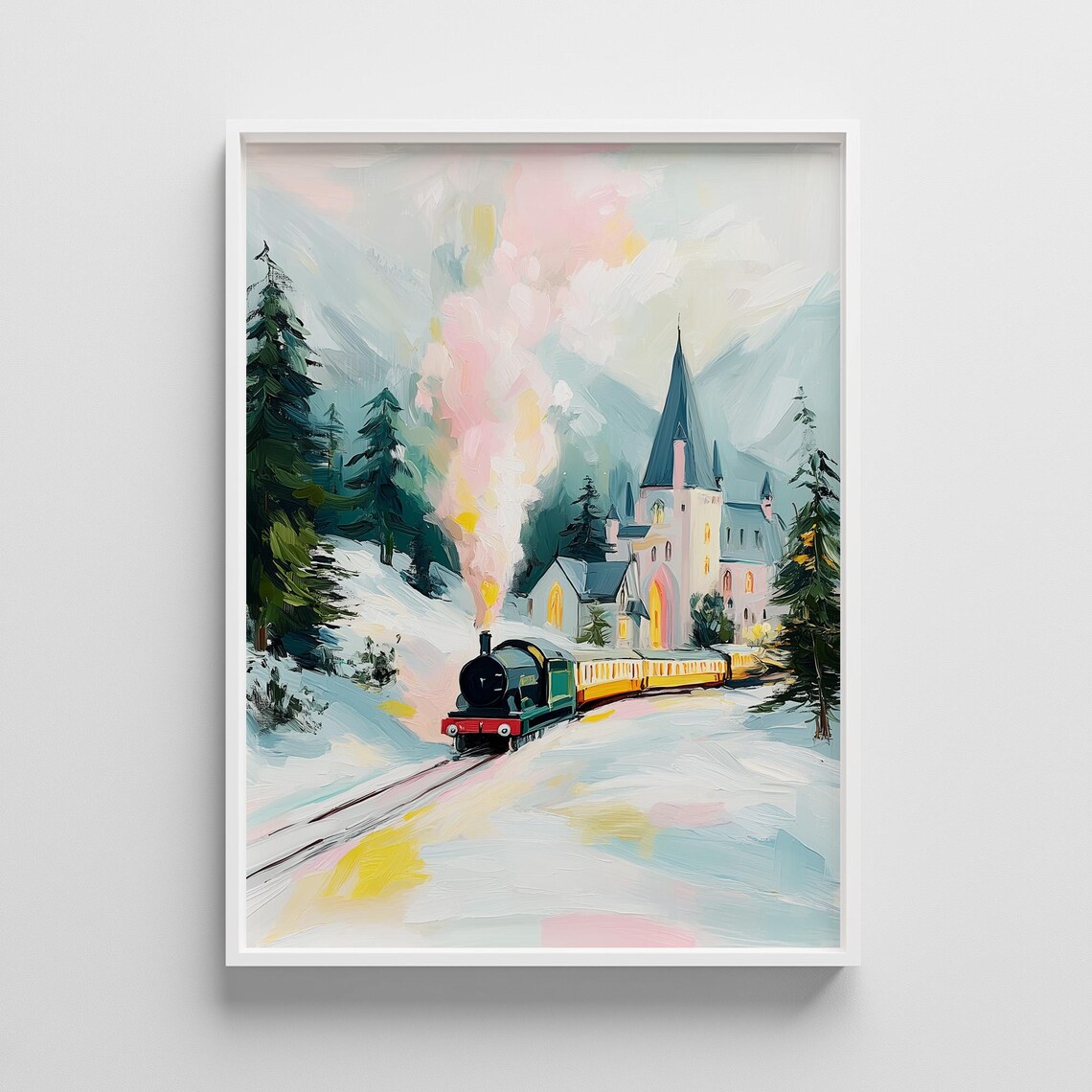 Steam Train Arriving Snowy Station Pastel Winter Holiday Art Print