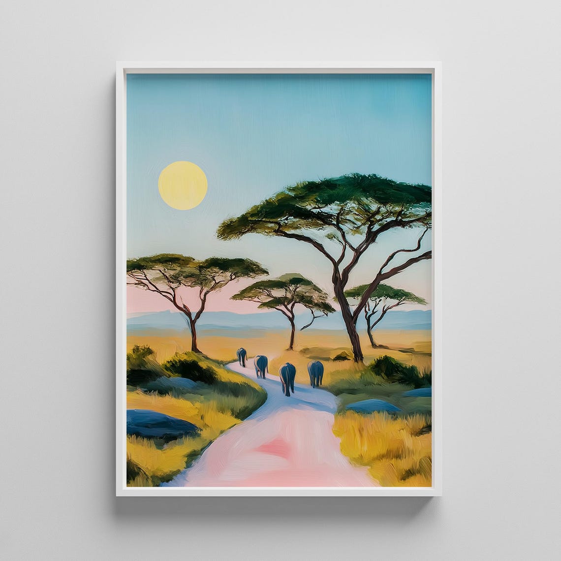 African Elephant Herd Safari Sunset Savanna Wildlife Art Poster
