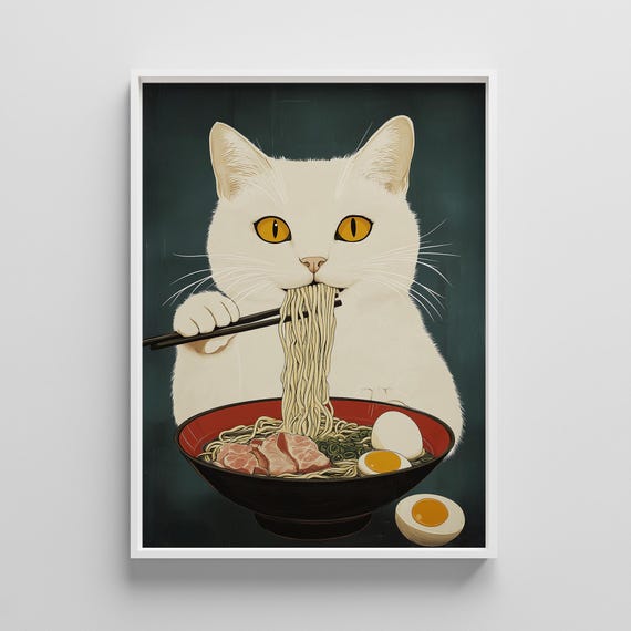 Funny White Cat Ramen Poster Japanese Woodblock Art Kitchen Decor