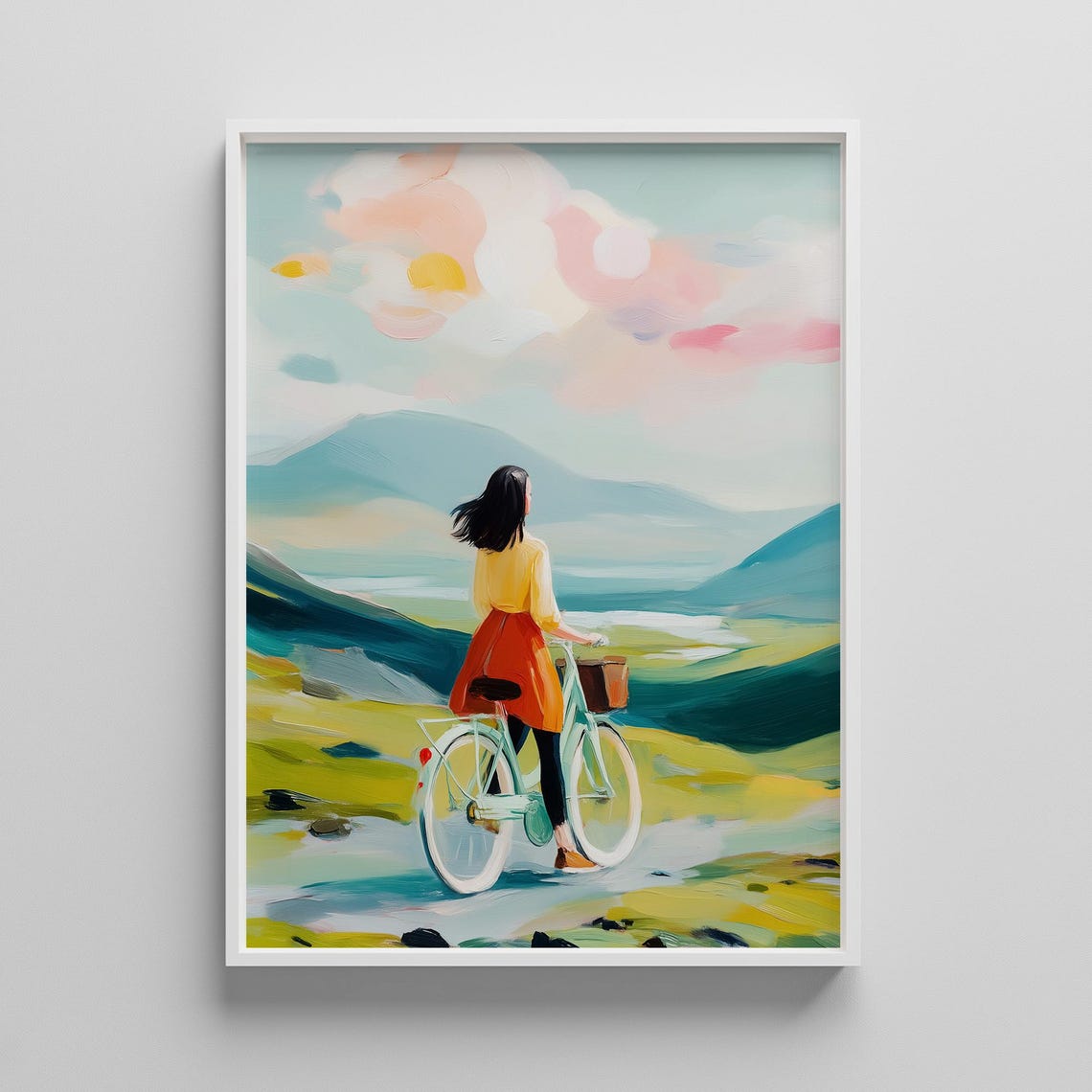 Girl With Bicycle Overlooking Mountain Valley Wanderlust Poster