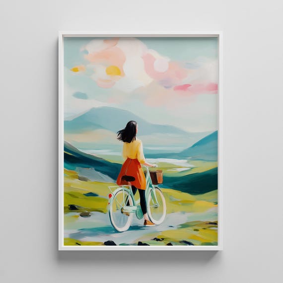 Bicycle Wall Art Girl With Bike Landscape Print Countryside Cycling Poster Wanderlust Adventure Artwork For Home Decor