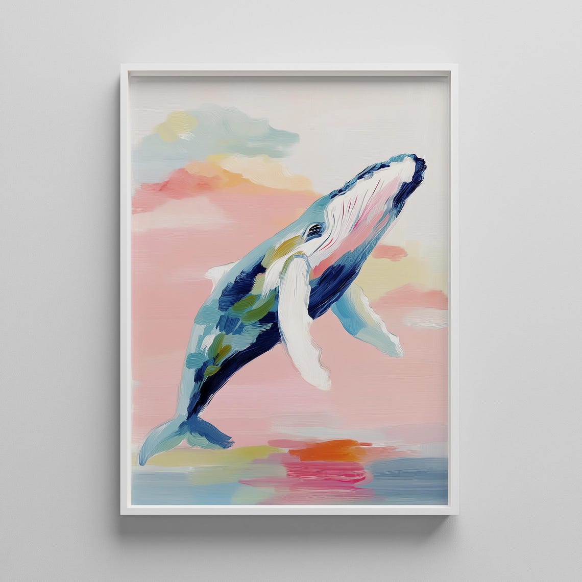 Pastel Whale Breaching Pink Sunset Sky Nursery Ocean Art Poster