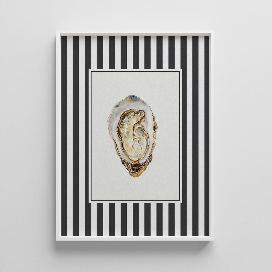Oyster Shell Watercolor on Bold Black Striped Nautical Art Poster