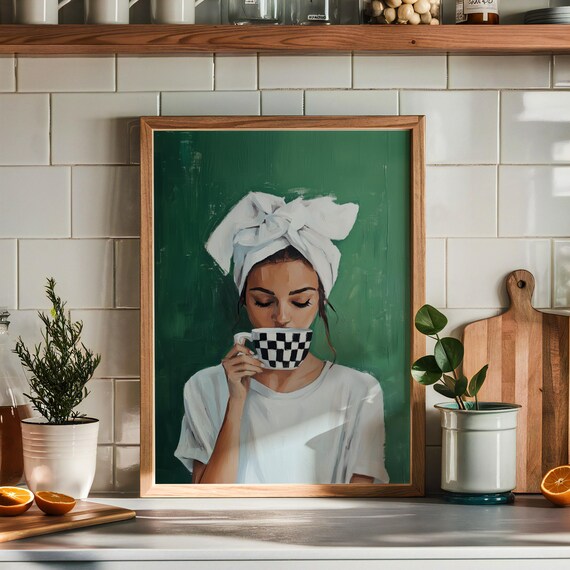 Woman Drinking Coffee, Contemporary Kitchen Decor