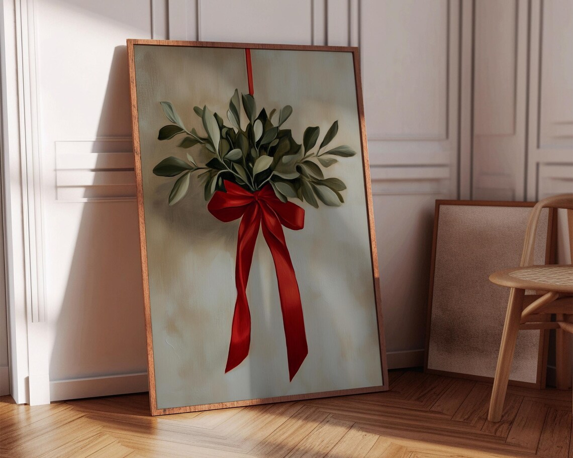 Vintage Mistletoe Red Ribbon Bow Winter Farmhouse Holiday Poster - Image 3
