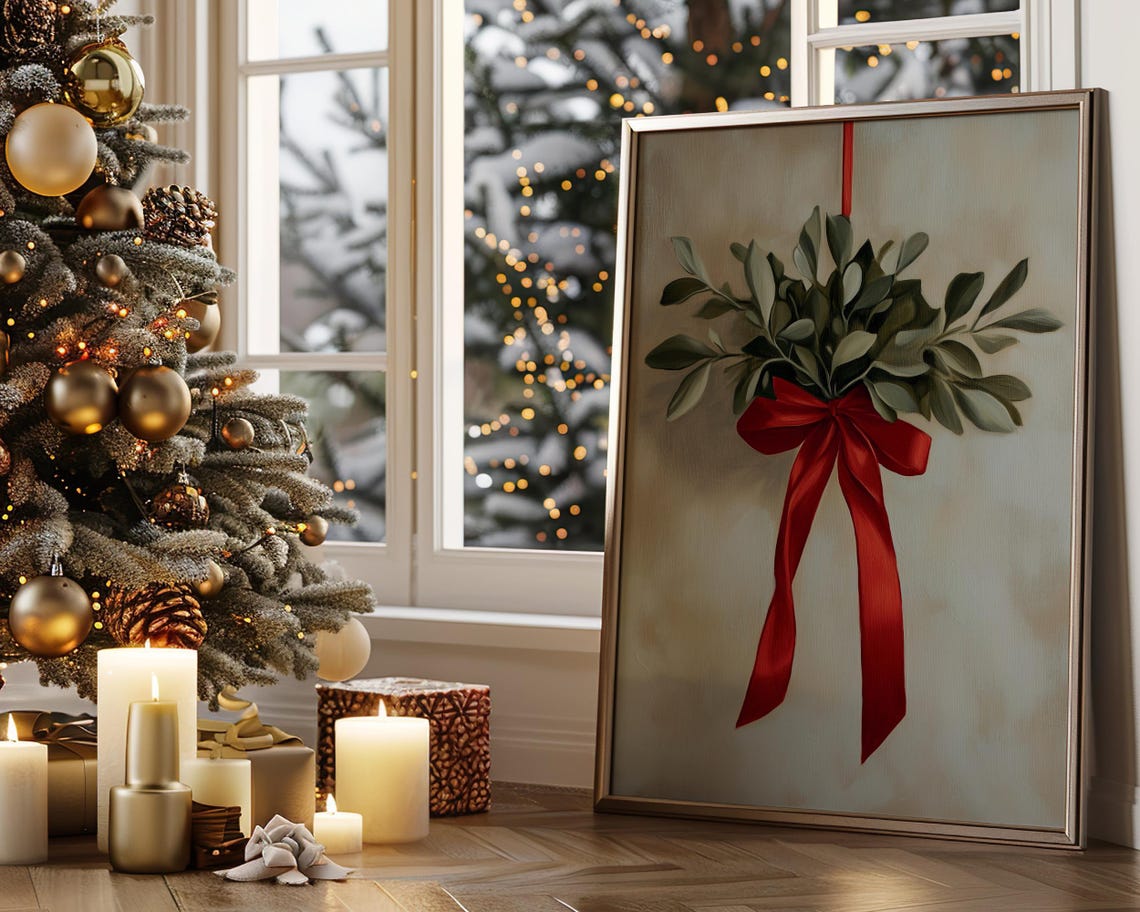 Vintage Mistletoe Red Ribbon Bow Winter Farmhouse Holiday Poster - Image 8
