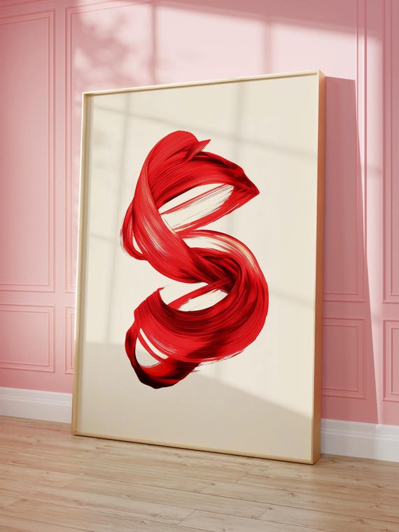 Red Minimalist Abstract Wall Art Mid Century Modern Brush Stroke Print Contemporary Trendy
