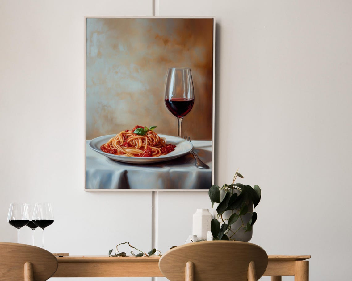 Spaghetti Marinara Red Wine Still Life Oil Painting Kitchen Poster - Image 3