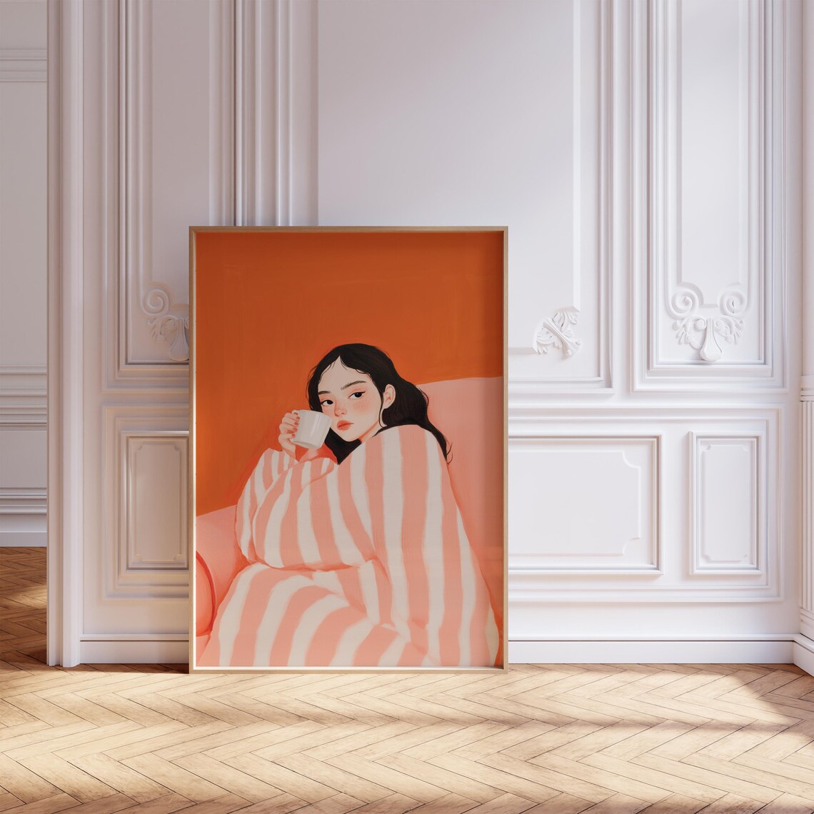 Girl With Coffee, Trendy Orange Abstract People - Image 3