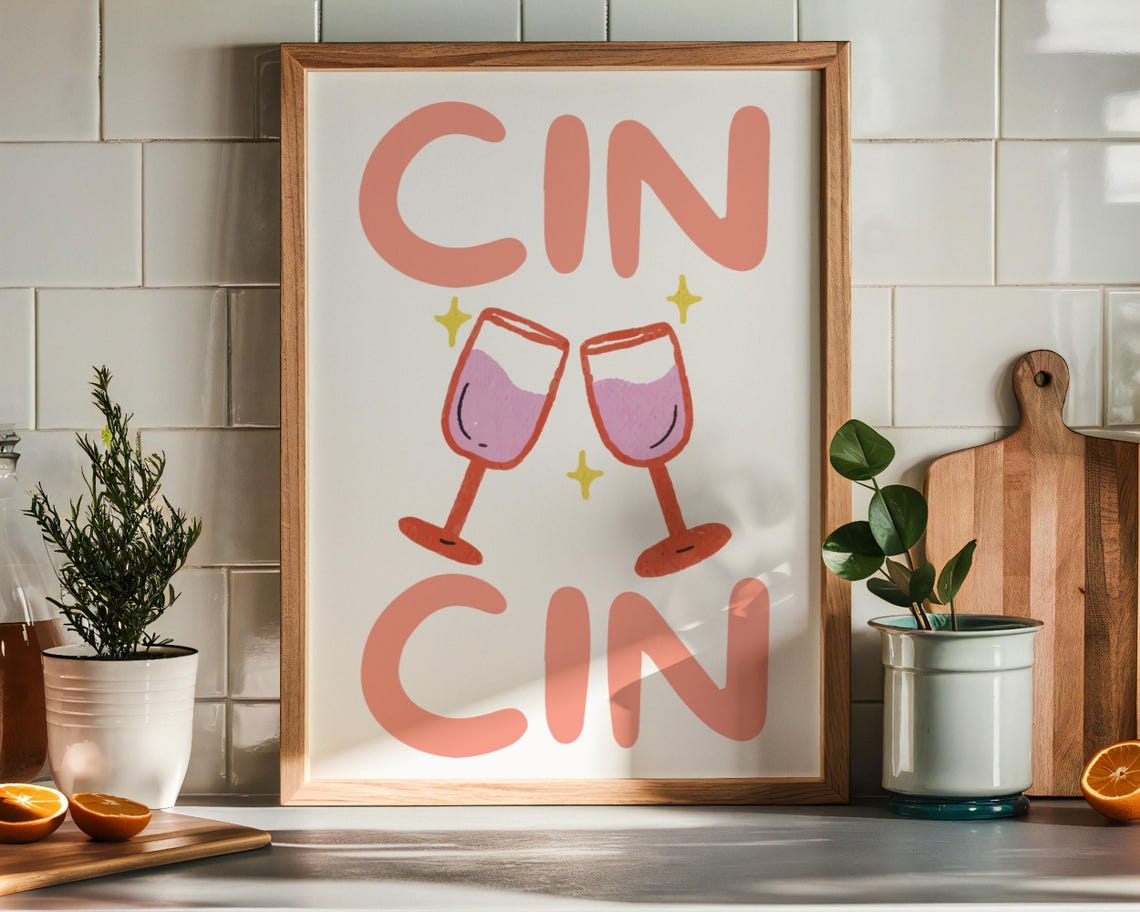 Cin Cin Cheers Wine Glasses Retro Cocktail Bar Cart Art Print