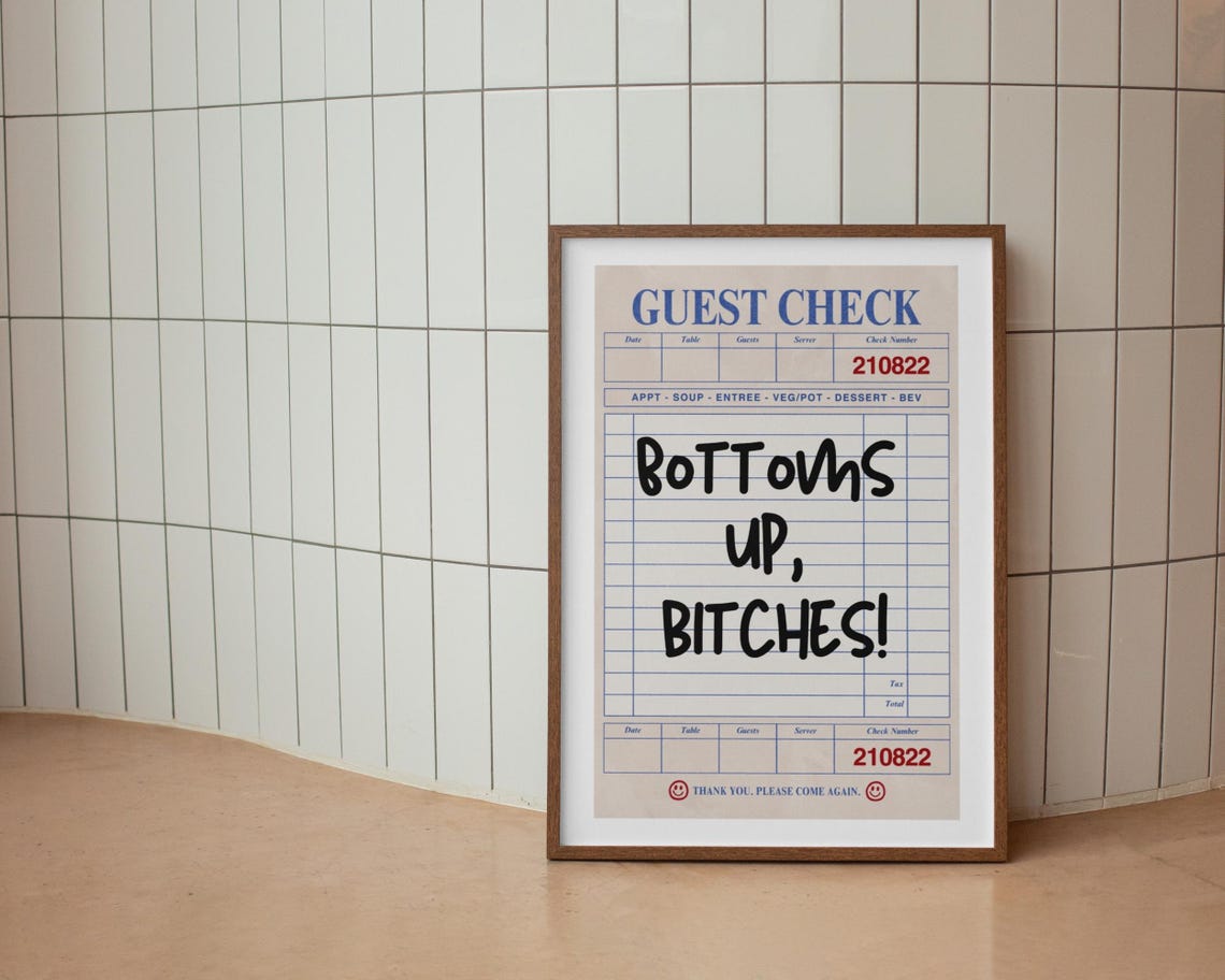 Bottoms Up Funny Quote Blue Guest Check Retro Bar Cart Poster - Image 4