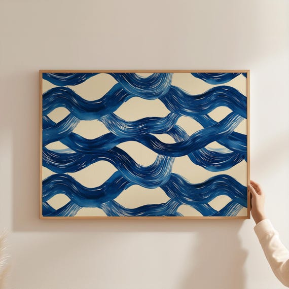Navy Blue Minimalist Abstract Wall Art Mid Century Modern Decor Print Horizontal Trendy