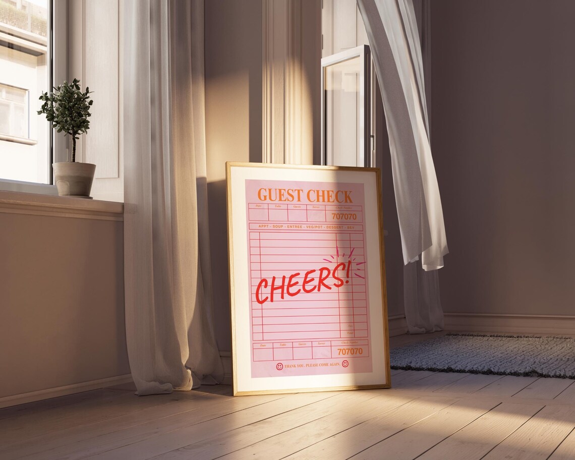 Cheers Guest Check Pink Retro Bar Cart Decor Trendy Party Quote Poster - Image 7